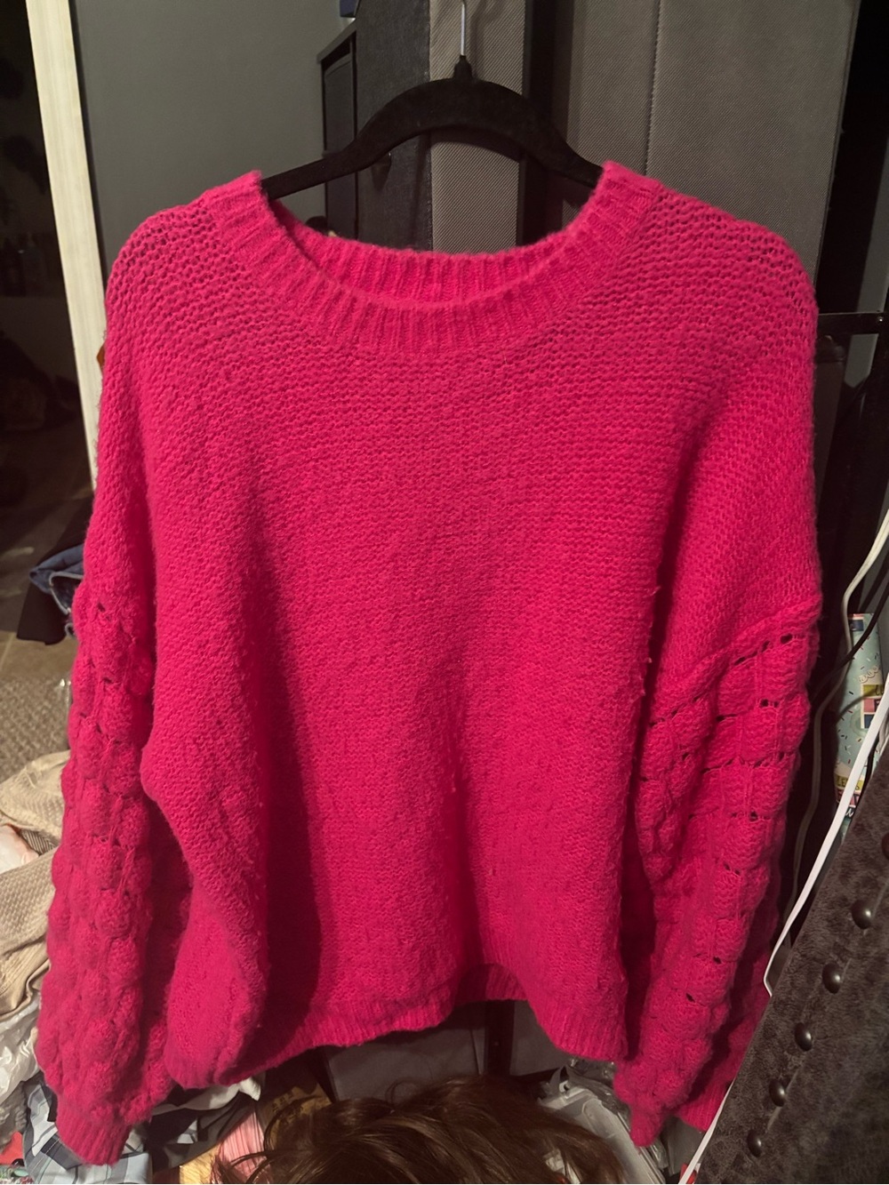 Women’s Bubble-Sleeve Crewneck Sweater - Hot Pink Medium